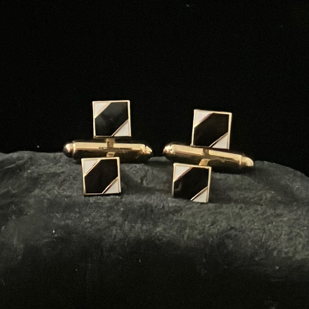 Vintage Black & White Enamel Small Square Cufflinks Made in Japan